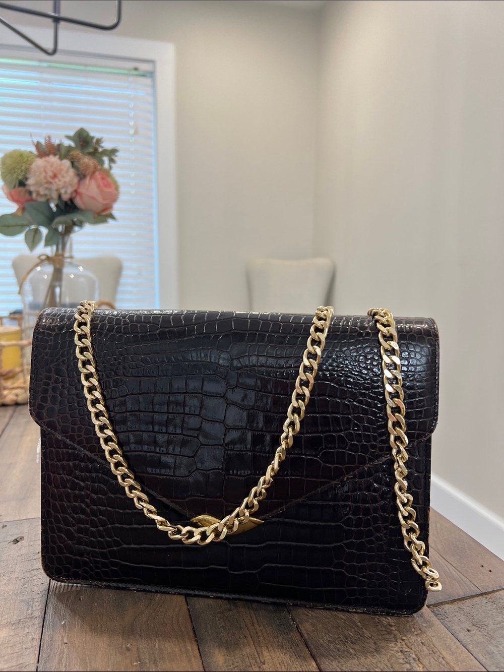 Nine West Black Croc-Embossed Shoulder Bag/Crossbody with Gold Chain Strap
